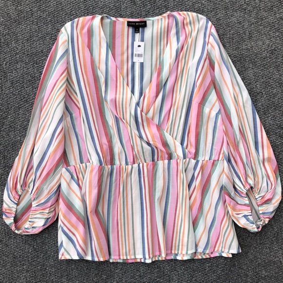 Lane Bryant lightweight striped crossover v-neck 3/4 balloon sleeve peplum top - Picture 1 of 11